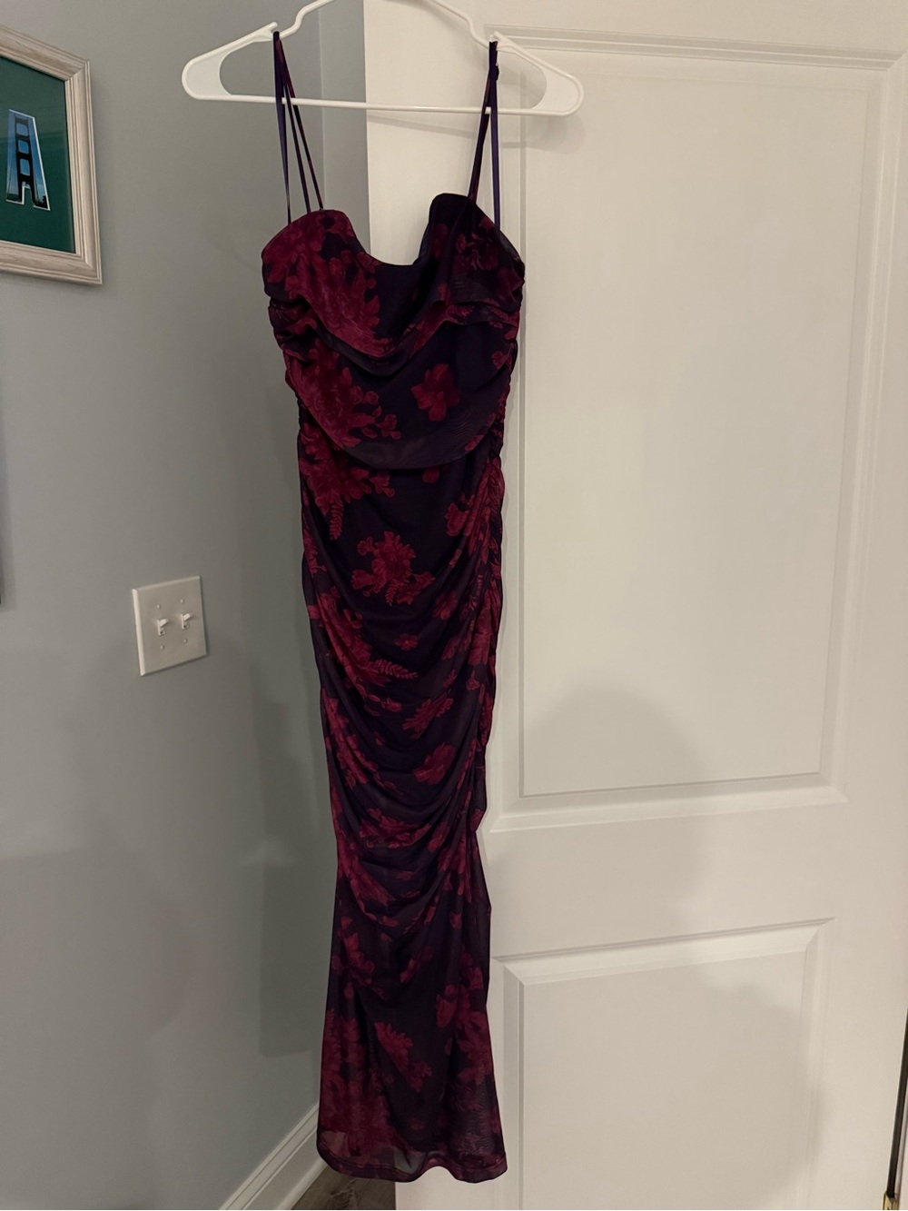 Burgundy Floral Ruched Maxi Slip Dress